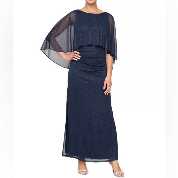 SL Fashions Women's Sparkle Mesh Capelet Ruched Gown Smoke Sz 8P Petite - Picture 1 of 9